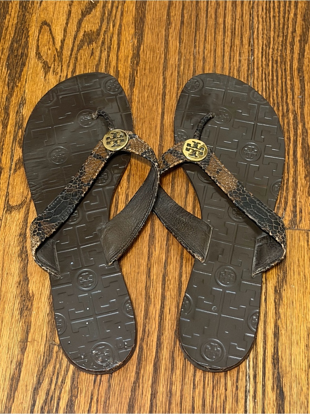 Tory Burch flip flops, brown & snake print, size 11